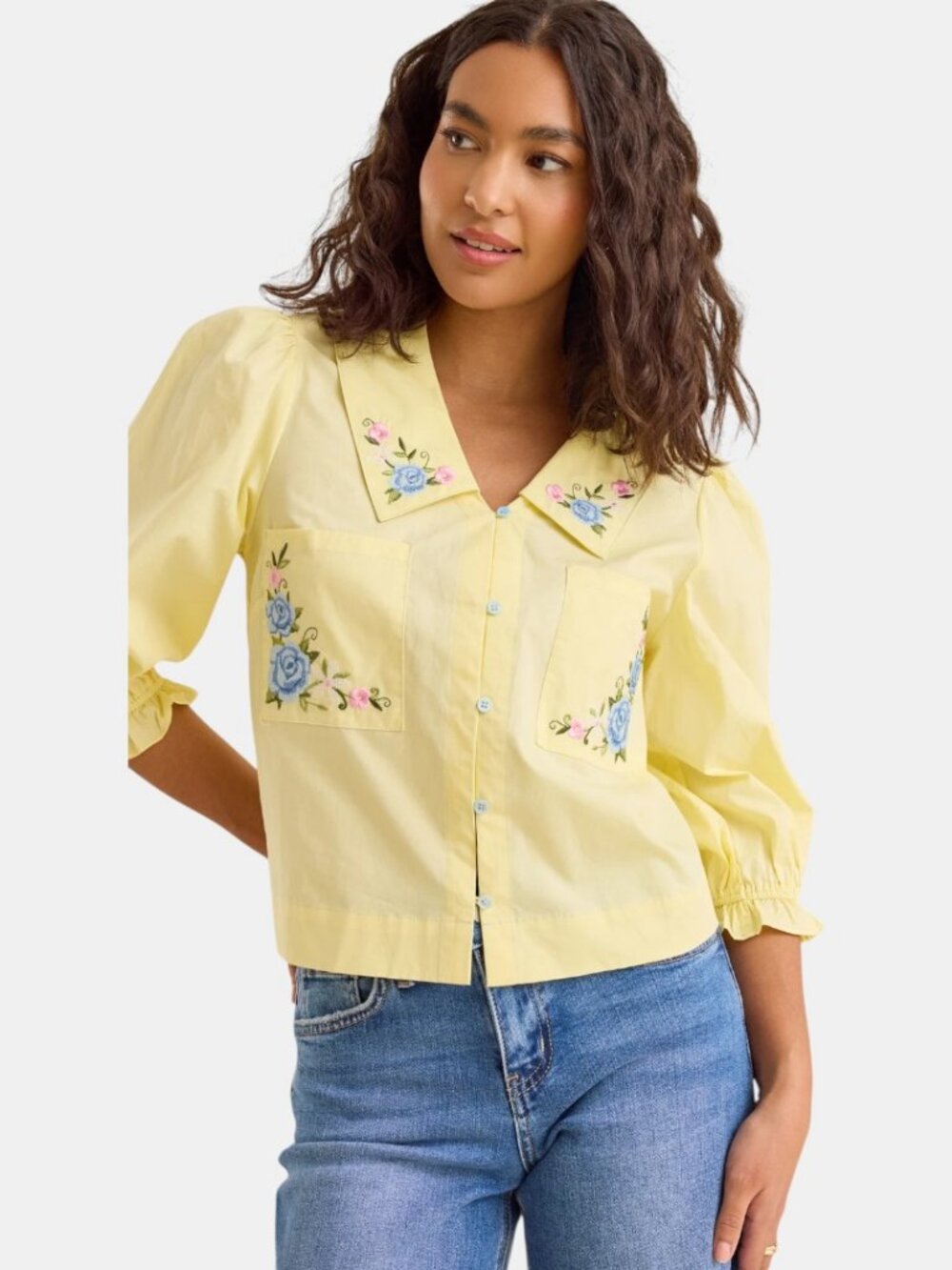 NWT ALTAR'D STATE STELLA YELLOW EMBROIDERED FLORAL PUFF SLEEVE BUTTON UP TOP  SI